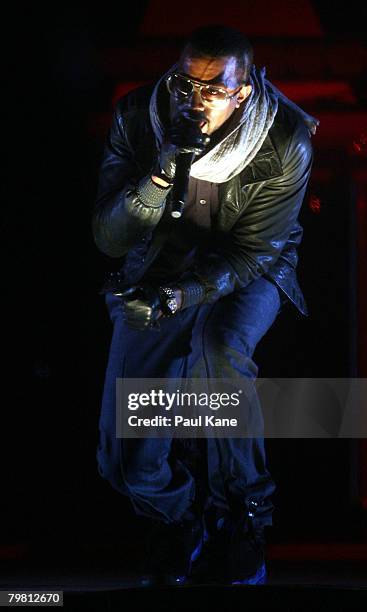 Kanye West performs on stage during the 2008 Good Vibrations Festival on Heirisson Island February 17, 2008 in Perth, Australia.