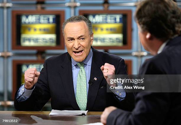 Sen. Charles Schumer speaks as he is interviewed by moderator Tim Russert during a taping of "Meet the Press" at the NBC studios February 17, 2008 in...