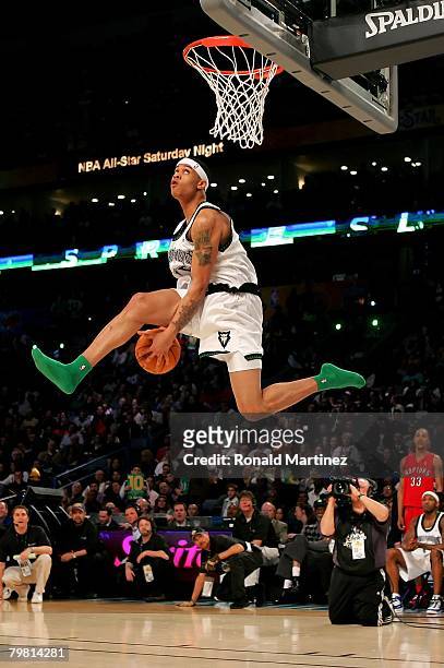 Gerald Green of the Minnesota Timberwolves completes a dunk in the Sprite Slam Dunk Contest, part of 2008 NBA All-Star Weekend at the New Orleans...