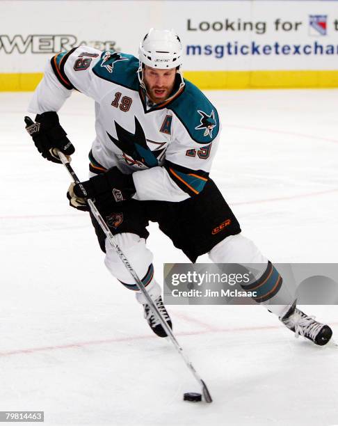 Joe Thornton of the San Jose Sharks skates against the New York Rangers on February 17, 2008 at Madison Square Garden in New York City.