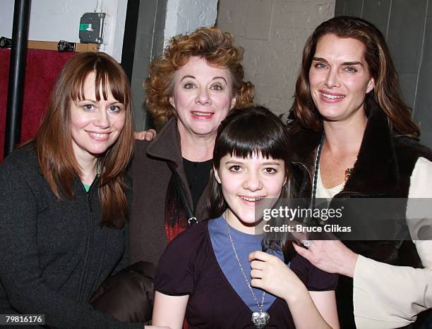 Actress/Producer Brooke Shields poses with Actresses Sally Murphy, Rondi Reed and Madeleine Martin as she visits backstage at Tracy Letts' "August:...