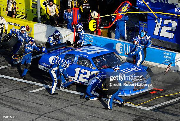 Ryan Newman, driver of the Alltel Dodge, makes a pit stop during the NASCAR Sprint Cup Series Daytona 500 at Daytona International Speedway on...