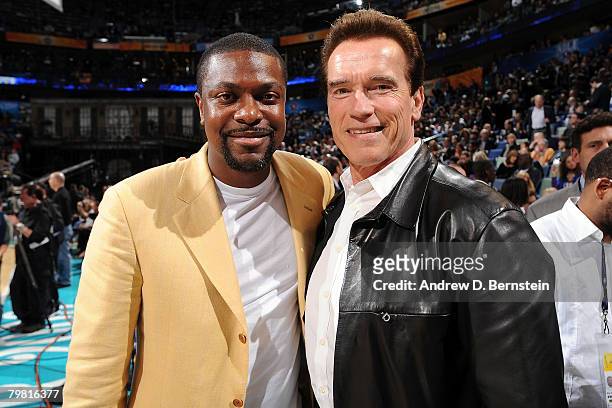 Actor Chris Tucker poses with Governor Arnold Schwarzenegger of California prior to the start of the 2008 NBA All-Star Game part of 2008 NBA All-Star...
