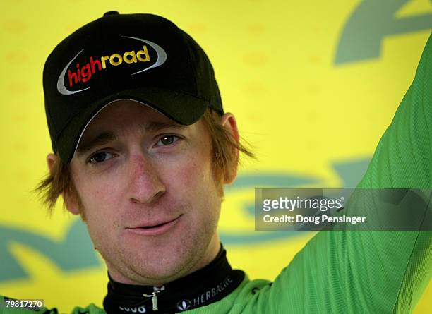 Bradley Wiggins of Great Britain and riding for Team High Road takes the podium after finishing second in the Prologue of the AMGEN Tour of...