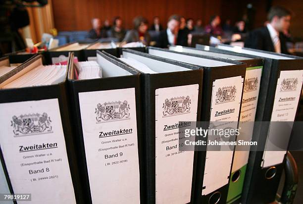 Files are displayed prior to the opening of the third day of the Bad Reichenhall ice rink trial at court on February 18, 2007 in Traunstein, Germany....
