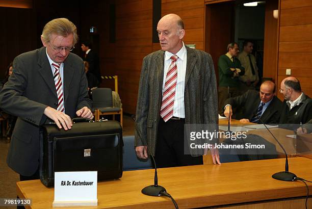 Defendant structural designer Ruediger Spitzauer and his lawyer Andreas Kastenbauer arrive for the opening of the third day of the Bad Reichenhall...