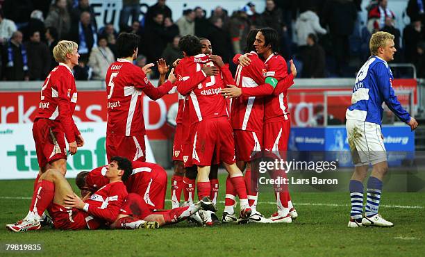 The players of Stuttgart celebrate after winning the Bundesliga match between MSV Duisburg and VfB Stuttgart at the MSV Arena on February 16, 2008 in...