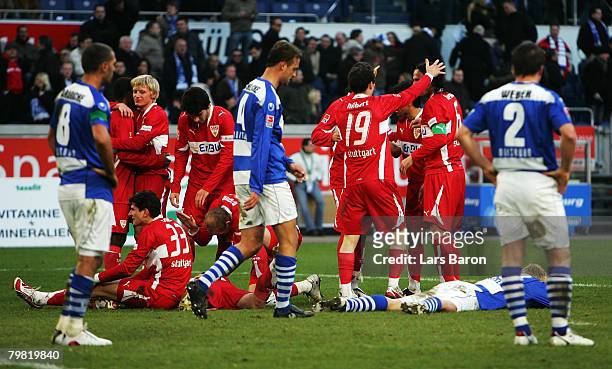 The players of Stuttgart celebrate after winning the Bundesliga match between MSV Duisburg and VfB Stuttgart at the MSV Arena on February 16, 2008 in...