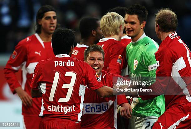 Thomas Hitzlsperger of Stuttgart celebrates with team mates after scoring the winning goal during the Bundesliga match between MSV Duisburg and VfB...