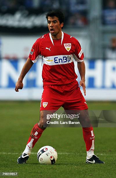 Parvel Pardo of Stuttgart runs with the ball during the Bundesliga match between MSV Duisburg and VfB Stuttgart at the MSV Arena on February 16, 2008...