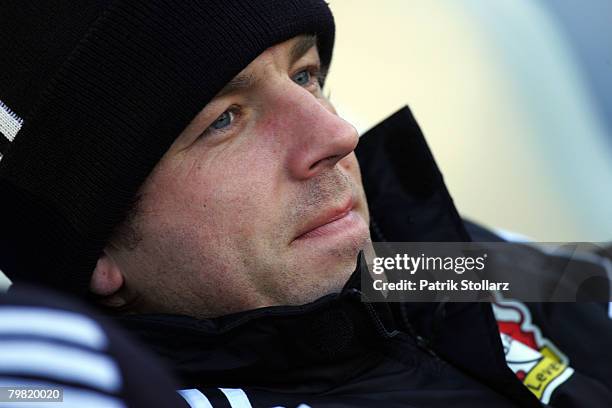 Bernd Schneider of Leverkusen looks on during the Bundesliga match between Karlsruher SC andBayer Leverkusen at the Wildpark stadium on February 16,...