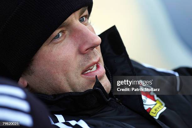 Bernd Schneider of Leverkusen looks on during the Bundesliga match between Karlsruher SC andBayer Leverkusen at the Wildpark stadium on February 16,...