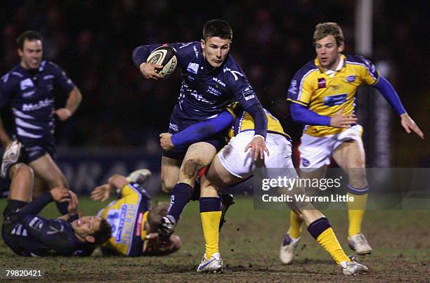 Chris Bell of Sale is tackled during the Guinness Premiership match between Sale Sharks and Leeds Carnegie at Edgeley Park on February 15, 2008 in...