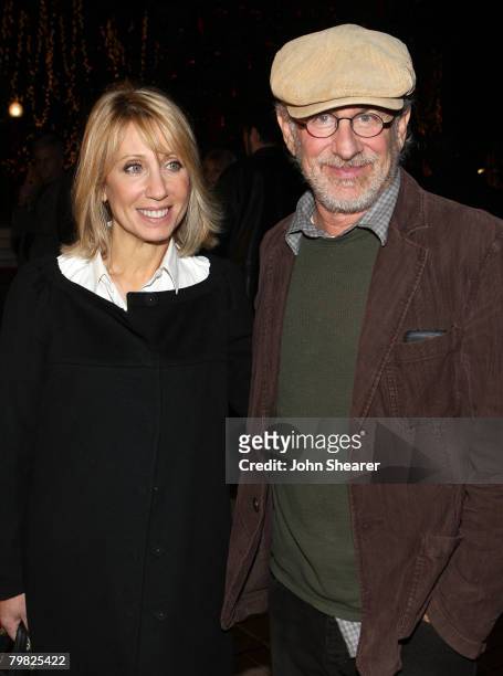 DreamWorks CEO Stacey Snider and director/producer Steven Spielberg arrive at the special screening for DreamWorks Pictures' 'Sweeney Todd' held at...
