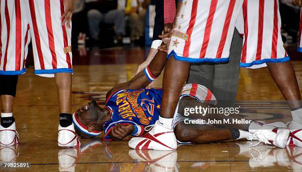 Special K Daley goes down during the secod quarter at the Los Angeles premiere of the Harlem Globetrotters 2008 "Magic As Ever" World Tour at Staples...