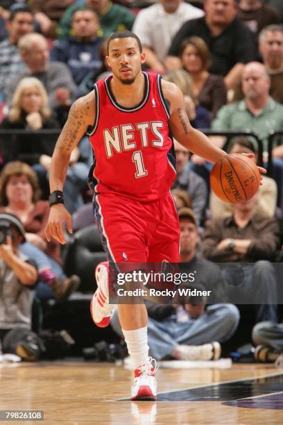 Marcus Williams of the New Jersey Nets moves the ball during the NBA game against the Sacramento Kings at Arco Arena on January 22, 2008 in...