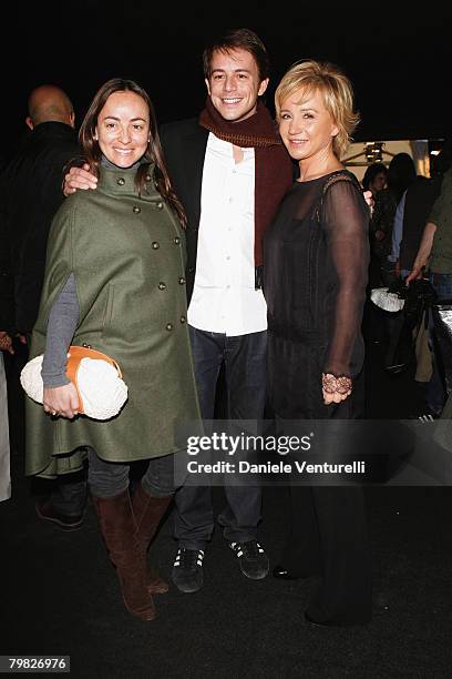 Camila Raznovich, Michelangelo Tommasi and Alberta Ferretti attend the Alberta Ferretti fashion show as part of Milan Fashion Week Autumn/Winter...