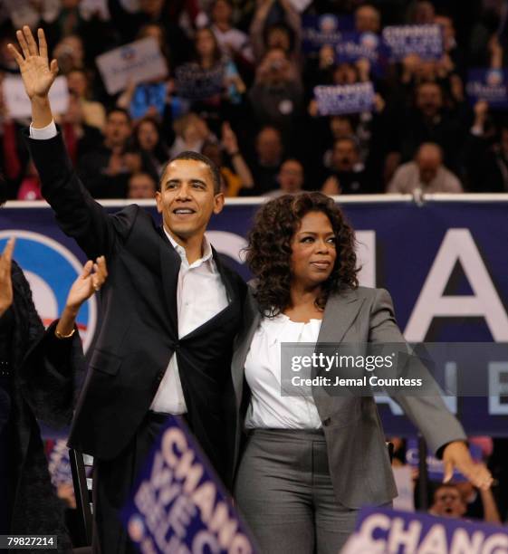 Presidential Candidate Barack Obama is joined by special guest Oprah Winfrey during a rally held at the Verizon Wireless Arena in Manchester, New...