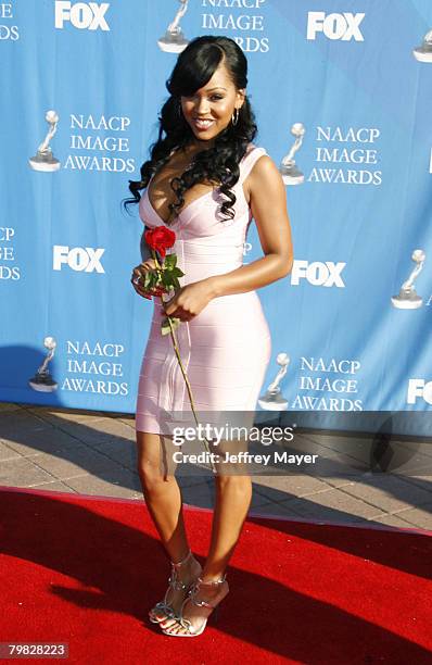 Actress Meagan Good arrives at the 39th Annual NAACP Image Awards on February 14, 2008 at the Shrine Auditorium in Los Angeles, California.