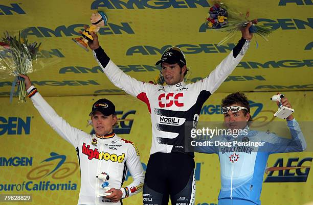 Juan Jose Haedo of Argentina and riding for Team CSC takes the podium after winning Stage 1 of the AMGEN Tour of California along with Gerald Ciolek...