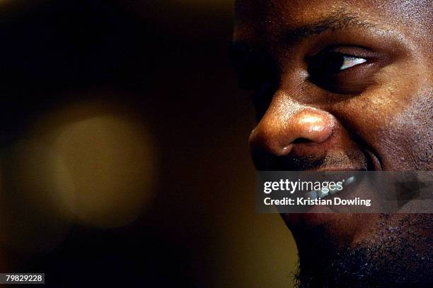 Asafa Powell of Jamaica is questioned by the media during a John Landy Lunch Club media conference held by Athletics Australia at the Crown Palladium...