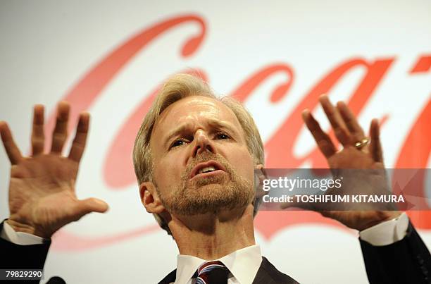 Coca-Cola Japan Company President Daniel Sayre announces the company's 2008 business strategy and marketing plan during his press conference at a...