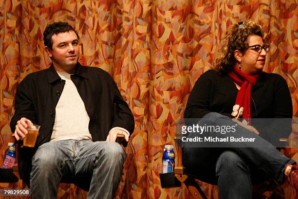 Writers Seth MacFarlane and Jenji Kohan attend the "That's Not Funny" panel discussion hosted by Humanitas at the Writer's Guild Association Theater...