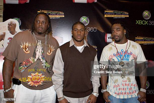 Players Charles Grant, Reggie Bush and Donte Stallworth of the New Orleans Saints attend the 2008 NBA All-Star Shaquille O'Neal and Reggie Bush...