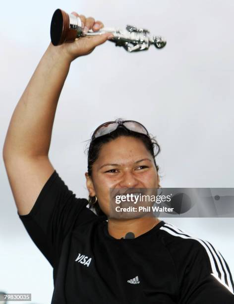 Valerie Vili of New Zealand holds up her Halberg Award for Sportswomen of the year that was presented to her after competing in the womens shotput...