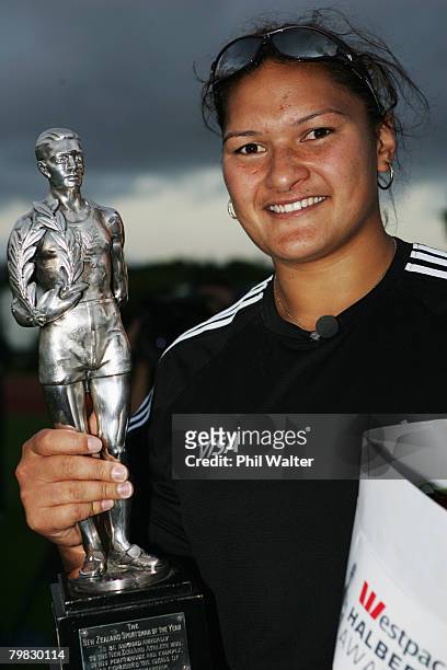 Valerie Vili of New Zealand holds her Halberg Award for Sportsperson of the year that was presented to her after competing in the womens shotput...