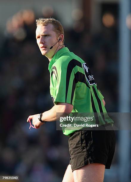 Referee Wayne Barnes pictured during the Guinness Premiership match between Bristol and Gloucester at the Memorial Ground on February 17, 2008 in...