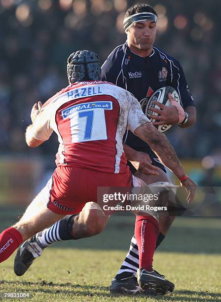 Andrew Blowers of Bristol takes on Andy Hazell during the Guinness Premiership match between Bristol and Gloucester at the Memorial Ground on...