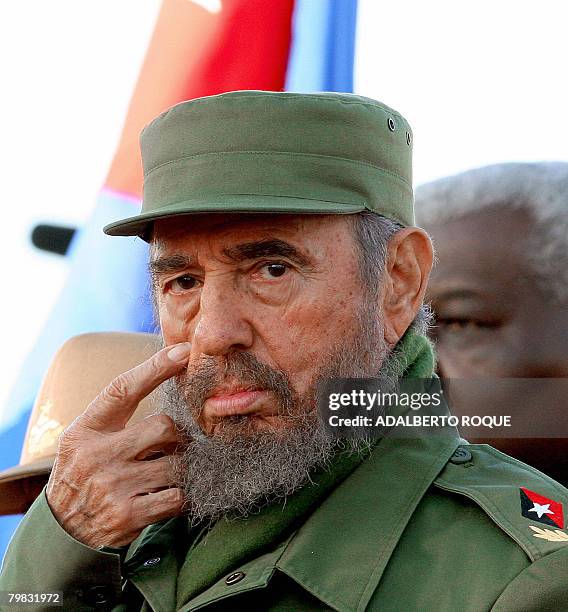 Cuban President Fidel Castro gestures during a public rally in homage of the Cuban nationals killed in terrorist attacks 06 February, 2006 in Havana....