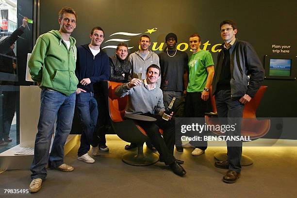 Manager English football team 'Ebbsfleet FC,' Liam Daish poses for pictures with team players Neil Barrett, Luke Moore, Stacey Long, Michael...