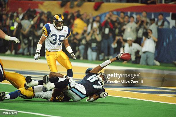 St. Louis LB Mike Jones tackles Tennessee WR Kevin Dyson just short of the goal line on the last play of the game during Super Bowl XXXIV