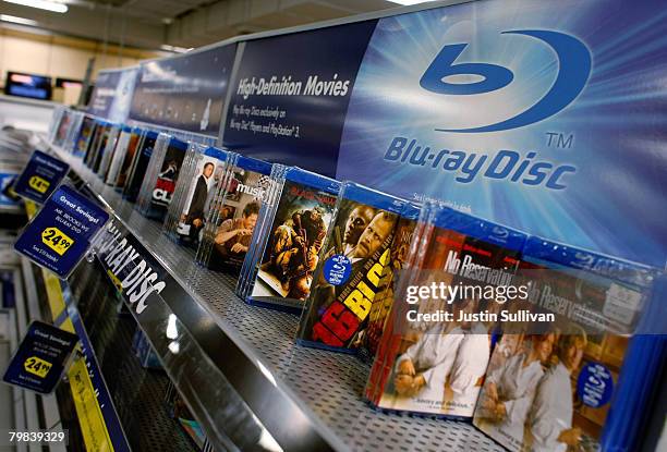 Blu-ray discs are displayed at a Best Buy store February 19, 2008 in San Francisco, California. Toshiba Corp. Announced today that it is...