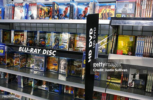 Blu-ray discs are seen next to HD DVD's on a shelf at a Best Buy store February 19, 2008 in San Francisco, California. Toshiba Corp. Announced today...