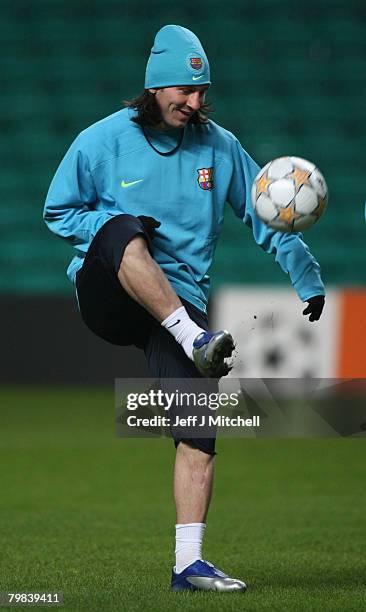 Lionel Messi of Barcelona, during a team training session at Celtic Park, ahead of their UEFA Champions league match against Celtic February 19, 2008...