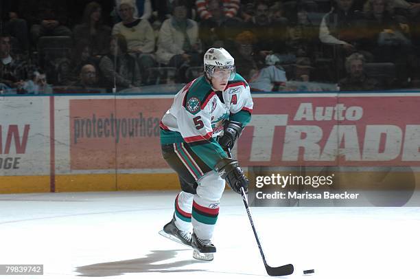 Luke Schenn of the Kelowna Rockets skates against the Chilliwack Bruins on February 9 at Prospera Place in Kelowna, Canada