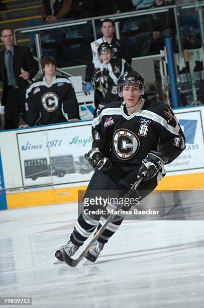 Mark Santorelli of the Chilliwack Bruins skates against the Kelowna Rockets on February 9 at Prospera Place in Kelowna, Canada