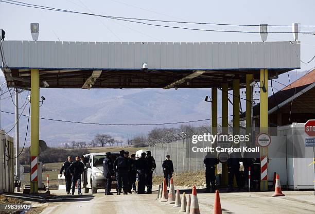Members of the Kosovo border police guard at a checkpoint from Serbia to Kosovo on February 19, 2008 in Merdar, Kosovo. U.N. Police pulled out on...