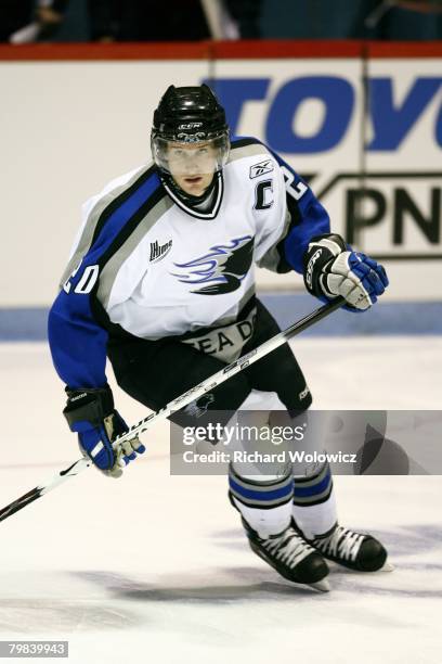 Alex Grant of the Saint John Sea Dogs skates during the warm up session prior to facing the Drummondville Voltigeurs at the Centre Marcel Dionne on...