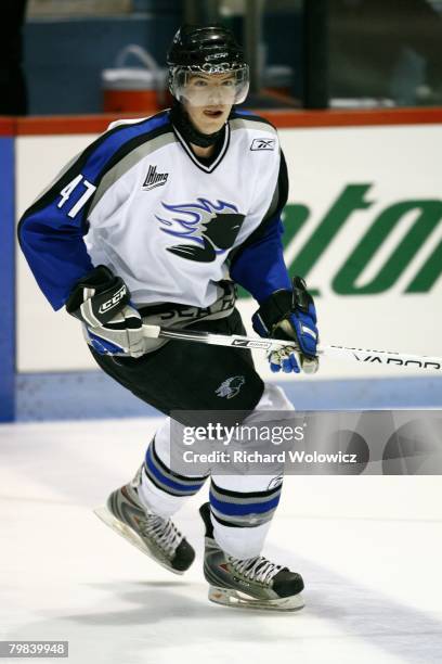 Simon Despres of the Saint John Sea Dogs skates during the warm up session prior to facing the Drummondville Voltigeurs at the Centre Marcel Dionne...