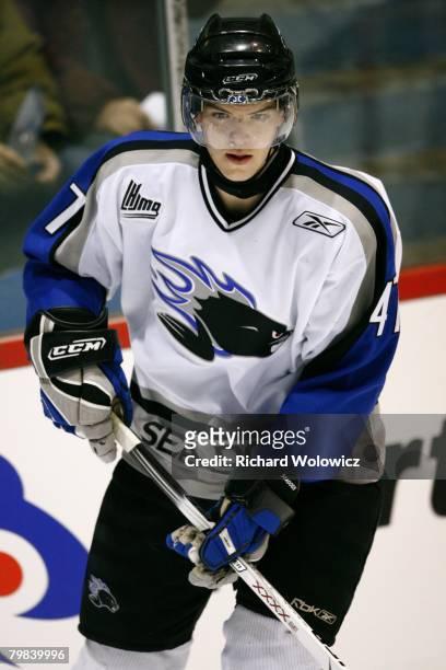 Simon Despres of the Saint John Sea Dogs skates during the warm up session prior to facing the Drummondville Voltigeurs at the Centre Marcel Dionne...