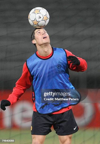 Cristiano Ronaldo of Manchester United in action during a first team training session ahead of their UEFA Champions League match against Lyon at...