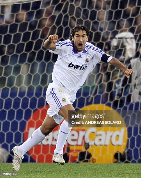 Real Madrid's forward Raul celebrates after scoring a goal against AS Roma during their first round first leg Champions League football match at...