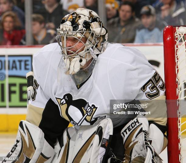 Ty Conklin of the Pittsburgh Penguins tends the goal against the Buffalo Sabres on February 17, 2008 at HSBC Arena in Buffalo, New York.