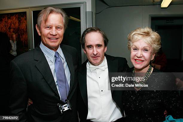 Michael York, Los Angeles Opera Music Director James Conlon and Patricia McCallum pose backstage at the Los Angeles Opera's Opening Night Performance...