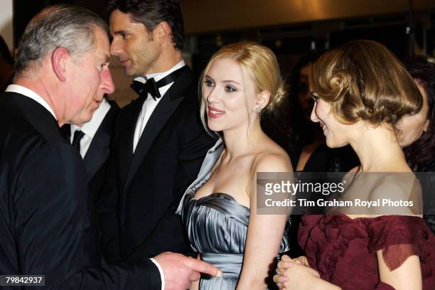 Prince Charles, Prince of Wales meets actresses Scarlett Johansson and Natalie Portman at the movie film premiere of 'The Other Boleyn Girl' held at...