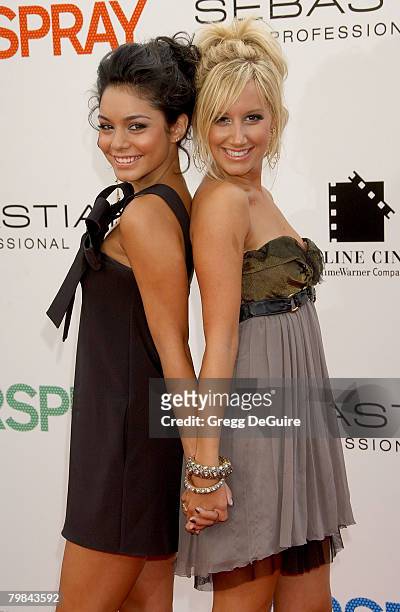 Actress Vanessa Anne Hudgens and actress Ashley Tisdale arrive at the "Hairspray" premiere at the Mann Village Theatre on July 10, 2007 in Westwood,...
